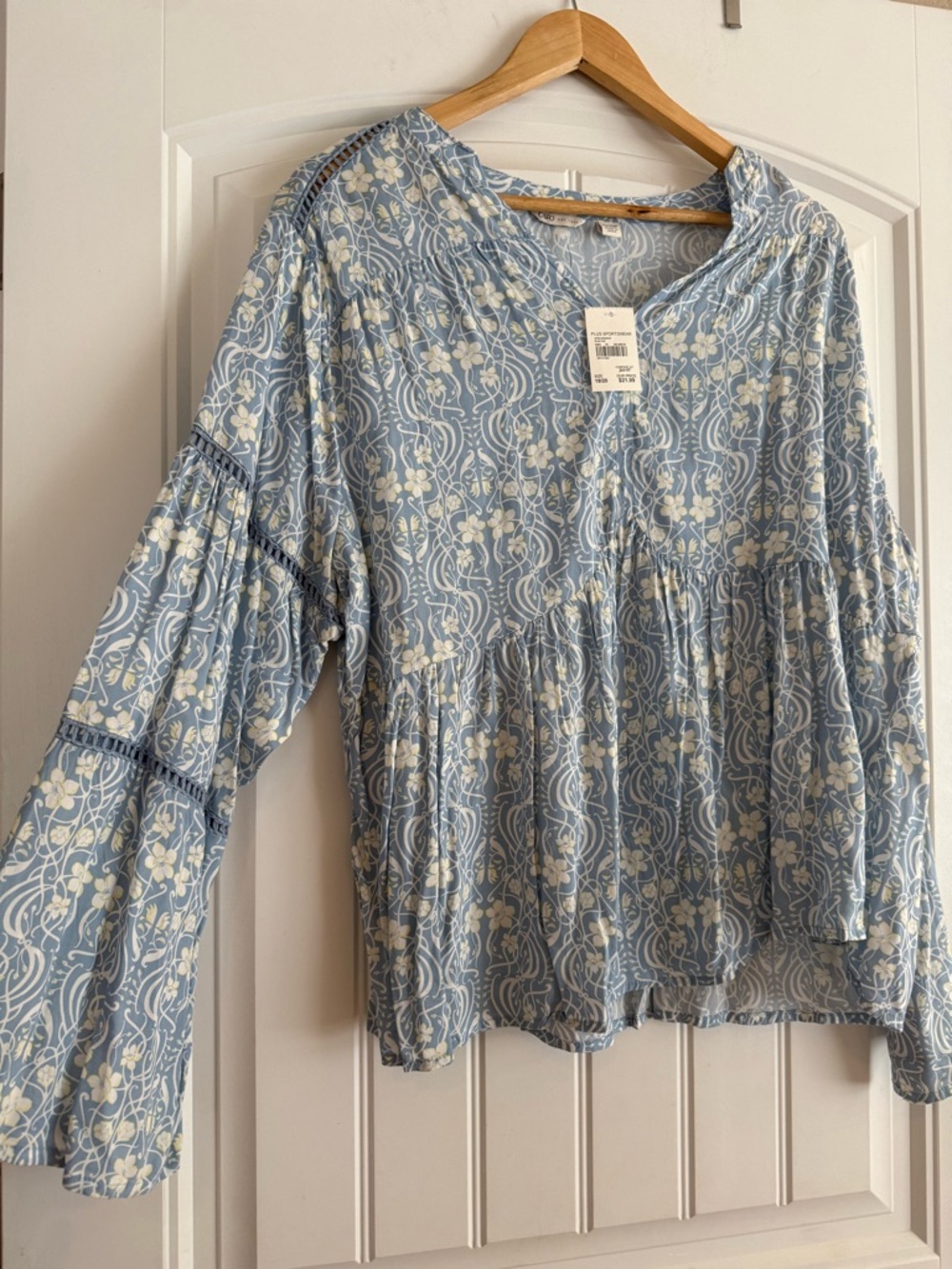 Cato Plus Size Light Blue Floral Wide Sleeve Peasant Blouse